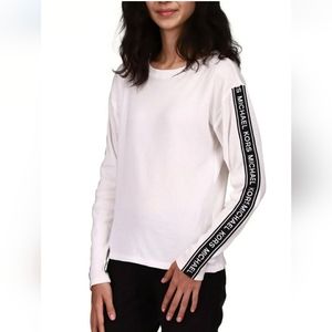 Michael Kors Womens White Long Sleeve With Logo Tape Trim T Shirt Size M NWT